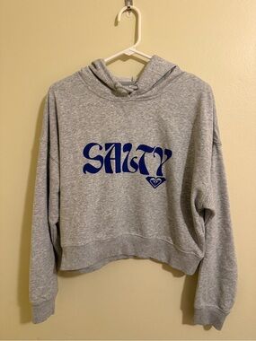 Roxy Grey Cropped Hoodie with Blue 'SALTY' Graphic